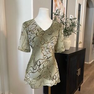 Fitted Abstract Floral Burnout Top Womens Large Green Vintage 90s Fairycore Y2K